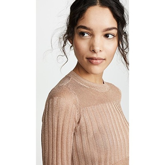 $248 NEW J BRAND Womens XS Sheer Ribbed Knit Crew Neck METALLIC GOLD Tan Sweater - Picture 8 of 9